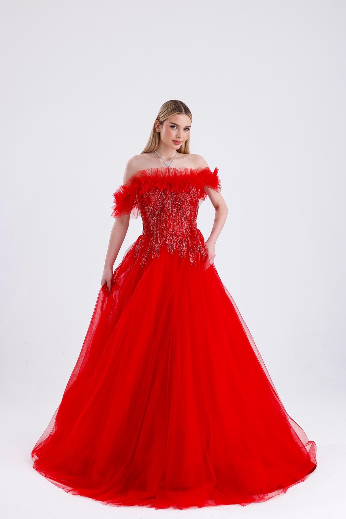 Prenses Model Taş İşlemeli Kabarık Abiye Elbise